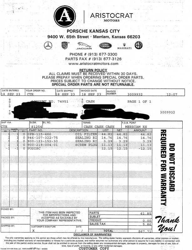 Receipt for oil filter, o ring, crush washer & new plug, 2023-9-18.jpg